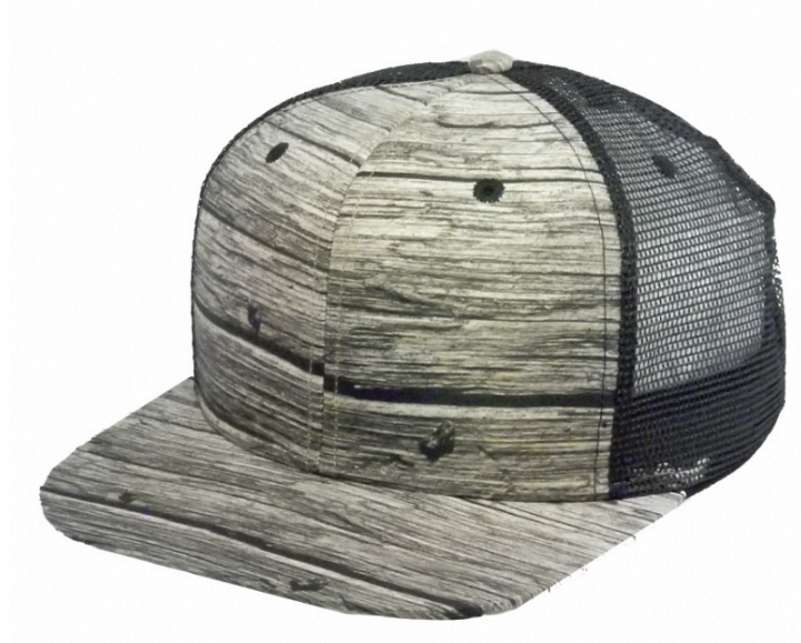 Flat Bill Trucker Hat with Wood Print Design