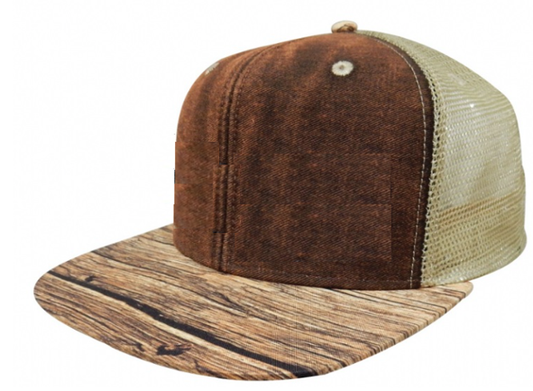 Flat Bill Trucker Hat with Wood Print Design